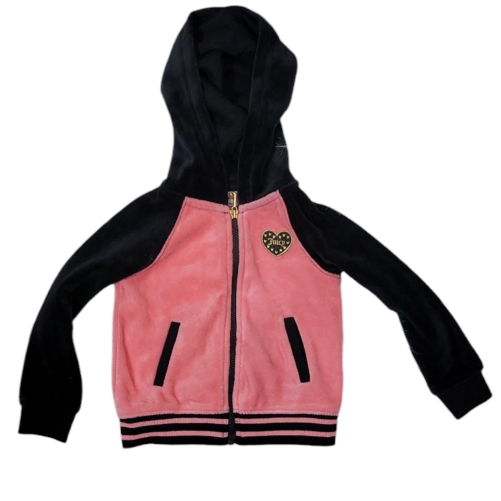 Juicy Couture Hoodie Jacket Pink and Black Velour Zip Front Pockets Size 18M